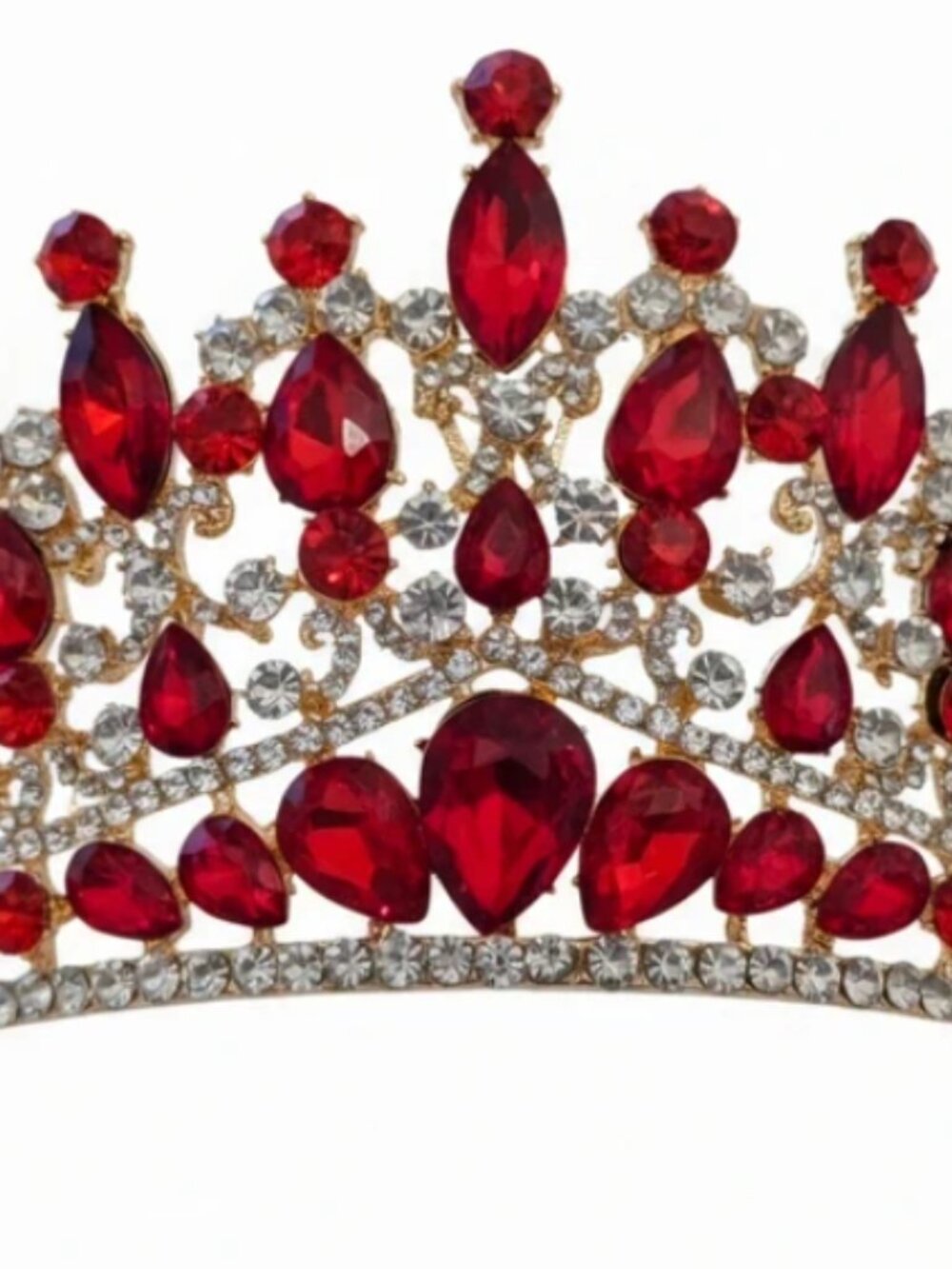 Vintage Style Red Rhinestone Tiara Crown Gold Tone Jeweled Pageant Princess Prom